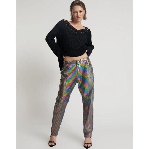 Free People RAINBOW SEQUIN BANDITS RELAXED JEANS Size Size 26 - Picture 1 of 9